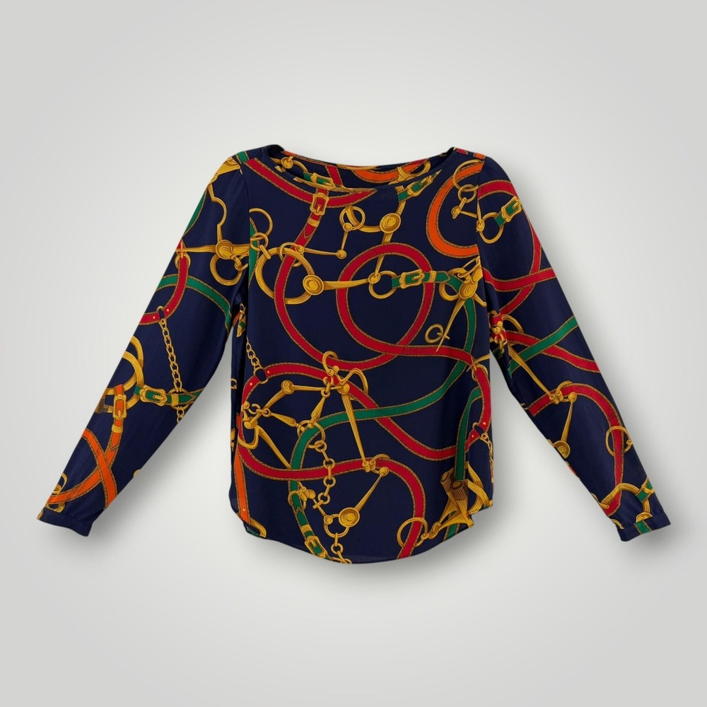 Lauren Ralph Lauren Silk Blouse‎ Womens Size 2 Blue Equestrian Print Long Sleeve
